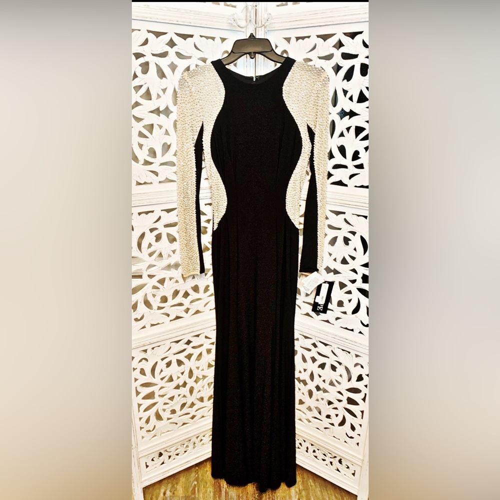XSCAPE Caviar Beaded Mesh Long Sleeve Fitted Silhouette Illusion Gown